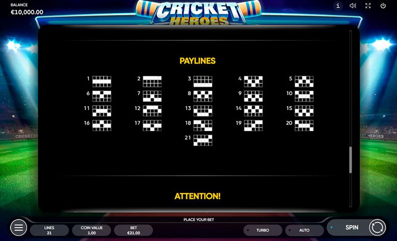 Линии слота Cricket Heroes